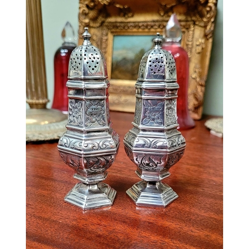 153 - A FINE PAIR OF SILVER SUGAR SIFTERS, each decorated al over with floral and foliage details, Birming... 