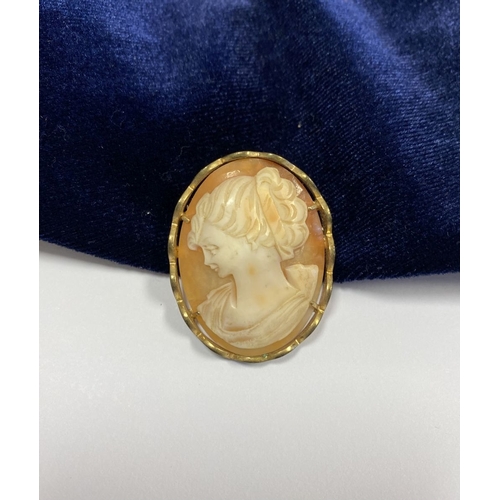 157 - A FINELY CARVED VINTAGE CAMEO BROOCH, oval cameo, highly carved, in gold tone setting, with scallope... 