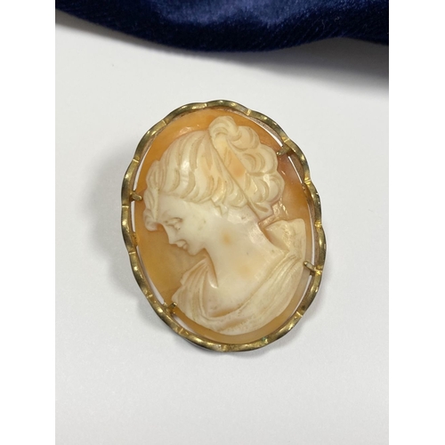 157 - A FINELY CARVED VINTAGE CAMEO BROOCH, oval cameo, highly carved, in gold tone setting, with scallope... 