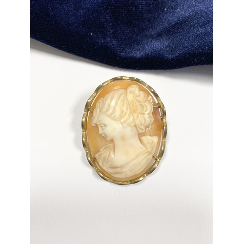 157 - A FINELY CARVED VINTAGE CAMEO BROOCH, oval cameo, highly carved, in gold tone setting, with scallope... 