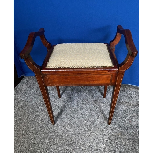 173 - A MAHOGANY INLAID PIANO STOOL, nice curved armrests with inlaid supports, upholstered lift top seat,... 