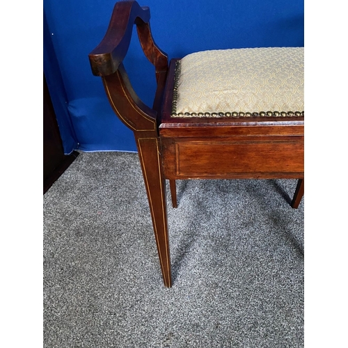 173 - A MAHOGANY INLAID PIANO STOOL, nice curved armrests with inlaid supports, upholstered lift top seat,... 