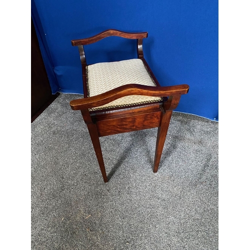 173 - A MAHOGANY INLAID PIANO STOOL, nice curved armrests with inlaid supports, upholstered lift top seat,... 