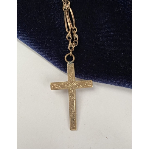 178 - A 9CT YELLOW GOLD ENGRAVED CROSS PENDANT NECKLACE, the pendant is highly decorated with engraved des... 