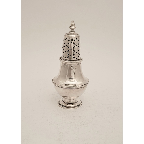 197 - A VERY FINE IRISH GEORGE II 18TH CENTURY SILVER SUGAR CASTER, with a pierced lift away sifter topped... 