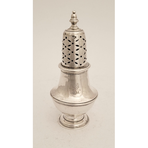 197 - A VERY FINE IRISH GEORGE II 18TH CENTURY SILVER SUGAR CASTER, with a pierced lift away sifter topped... 