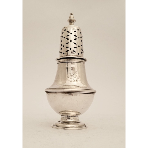 197 - A VERY FINE IRISH GEORGE II 18TH CENTURY SILVER SUGAR CASTER, with a pierced lift away sifter topped... 