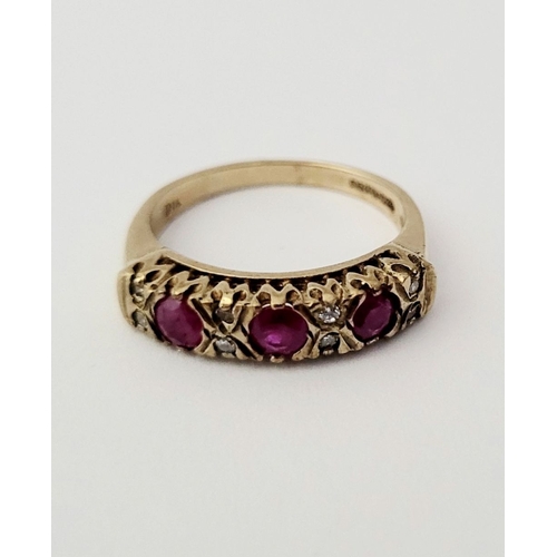 198 - AN ANTIQUE 9CT YELLOW GOLD 11 STONE RUBY & DIAMOND RING, with three round cut rubies and two diamond... 