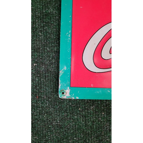 204 - A LARGE VINTAGE METAL COCA-COLA ADVERTISING SIGN, main ground colour red, with a bright green edge, ... 