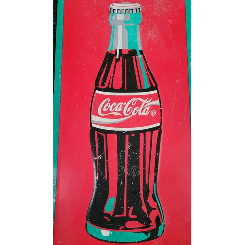 204 - A LARGE VINTAGE METAL COCA-COLA ADVERTISING SIGN, main ground colour red, with a bright green edge, ... 