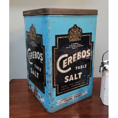 205 - A MIXED LOT: (i) A vintage Cerebos advertising tin, with a lift away lid. Dimensions: 25.5cm tall. (... 