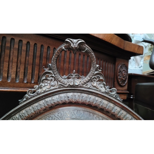 211 - A LARGE & HEAVY ANTIQUE SILVER PLATED BUTLERS TRAY, with beautiful, pierced handles on each end in f... 