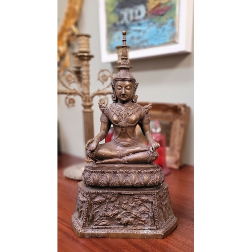 213 - A VERY GOOD ANTIQUE BRONZE RATTANAKOSIN BUDDHA STATUE, in a cross-legged seated position on a raised... 