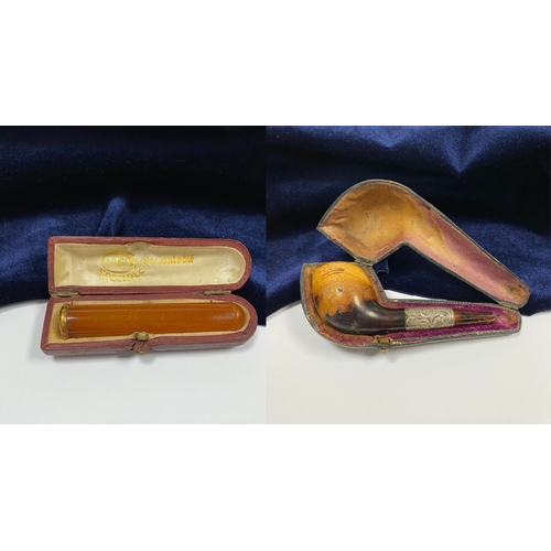 217 - A VINTAGE FRENCH CASED 9CT YELLOW GOLD CIGARETTE HOLDER & CASED AMBER PIPE, (i) amber cigarette hold... 