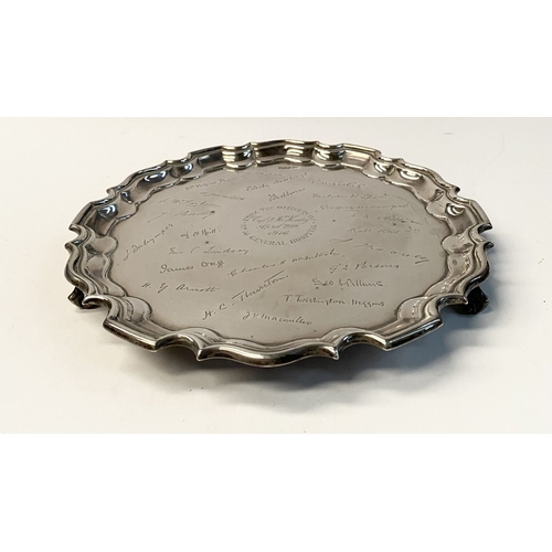 22 - A SUBSTANTIAL WORLD WAR I SILVER SALVER, the border with raised gadrooned edge, the centre engraved ... 