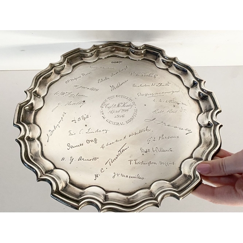 22 - A SUBSTANTIAL WORLD WAR I SILVER SALVER, the border with raised gadrooned edge, the centre engraved ... 