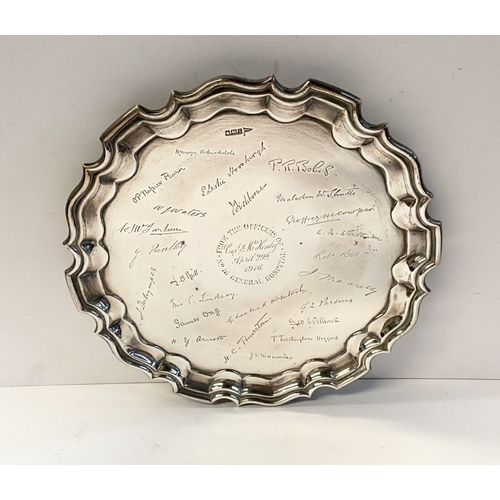 22 - A SUBSTANTIAL WORLD WAR I SILVER SALVER, the border with raised gadrooned edge, the centre engraved ... 