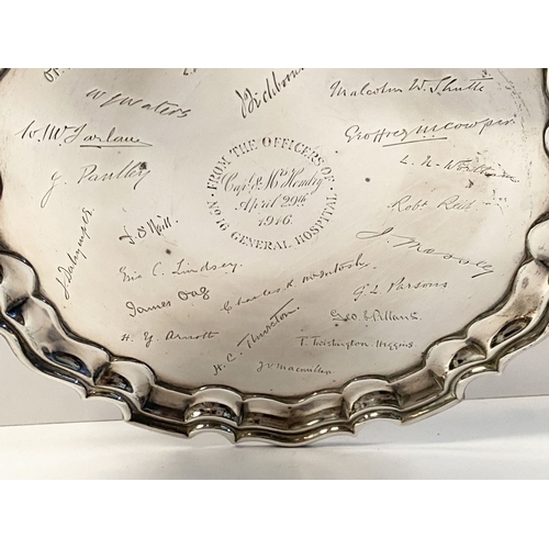 22 - A SUBSTANTIAL WORLD WAR I SILVER SALVER, the border with raised gadrooned edge, the centre engraved ... 