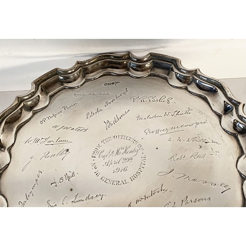 22 - A SUBSTANTIAL WORLD WAR I SILVER SALVER, the border with raised gadrooned edge, the centre engraved ... 