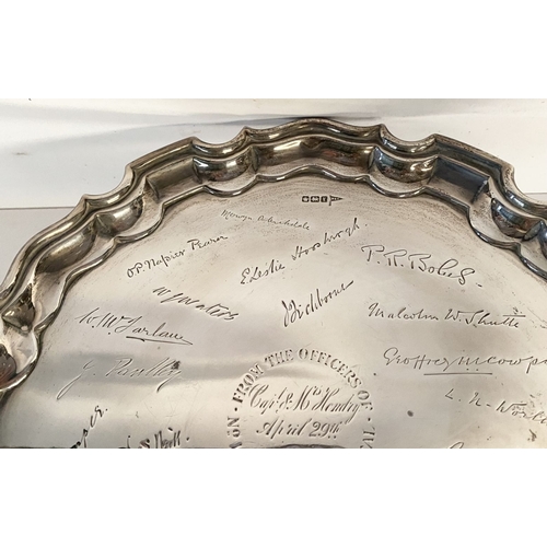 22 - A SUBSTANTIAL WORLD WAR I SILVER SALVER, the border with raised gadrooned edge, the centre engraved ... 