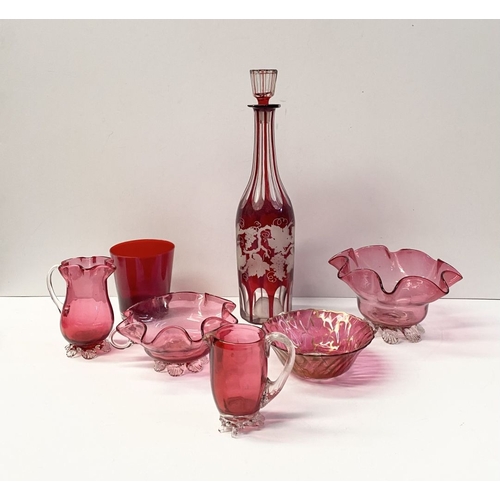 224 - A COLLECTION OF VINTAGE RUBY GLASS, to include (i) an painted and etched glass decanter, (ii) a ruby... 