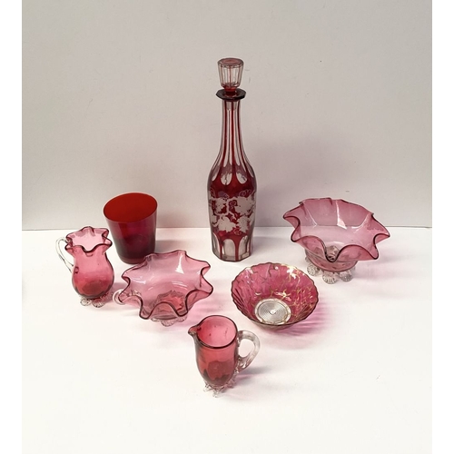 224 - A COLLECTION OF VINTAGE RUBY GLASS, to include (i) an painted and etched glass decanter, (ii) a ruby... 