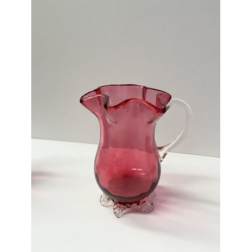 224 - A COLLECTION OF VINTAGE RUBY GLASS, to include (i) an painted and etched glass decanter, (ii) a ruby... 