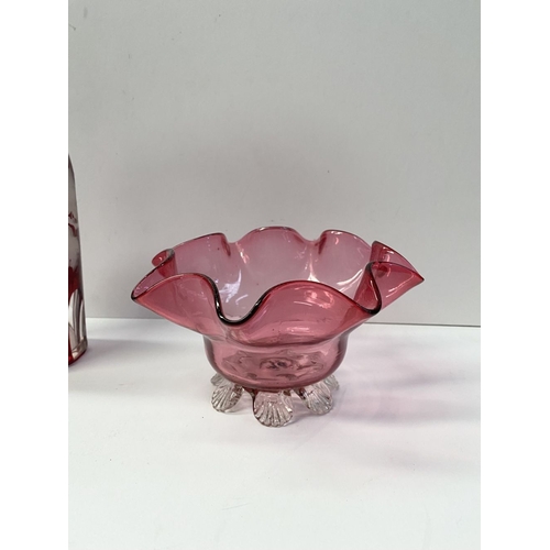 224 - A COLLECTION OF VINTAGE RUBY GLASS, to include (i) an painted and etched glass decanter, (ii) a ruby... 