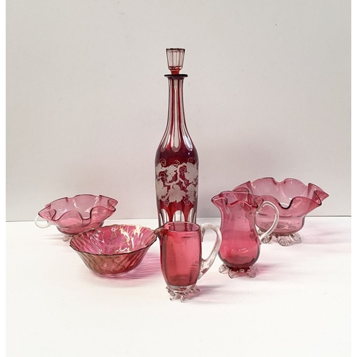 224 - A COLLECTION OF VINTAGE RUBY GLASS, to include (i) an painted and etched glass decanter, (ii) a ruby... 