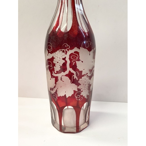 224 - A COLLECTION OF VINTAGE RUBY GLASS, to include (i) an painted and etched glass decanter, (ii) a ruby... 