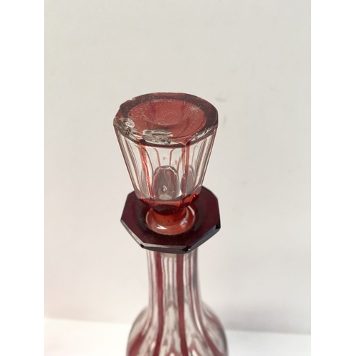 224 - A COLLECTION OF VINTAGE RUBY GLASS, to include (i) an painted and etched glass decanter, (ii) a ruby... 