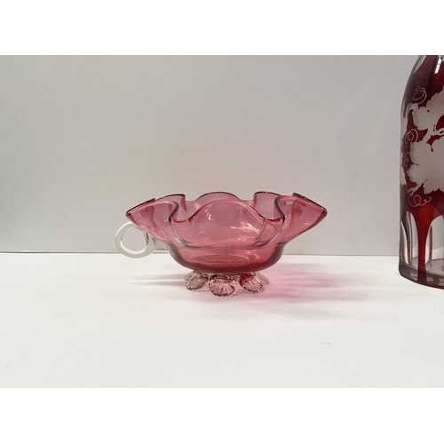 224 - A COLLECTION OF VINTAGE RUBY GLASS, to include (i) an painted and etched glass decanter, (ii) a ruby... 