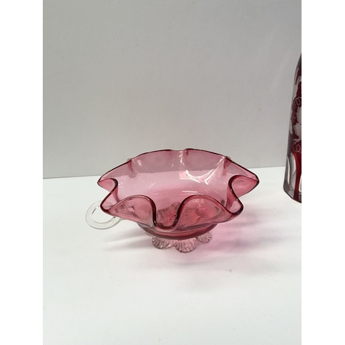 224 - A COLLECTION OF VINTAGE RUBY GLASS, to include (i) an painted and etched glass decanter, (ii) a ruby... 