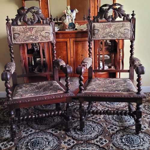 230 - AN EXCEPTIONAL PAIR OF HAND OAK LOUIS XIII STYLE CARVED ARM CHAIRS, circa 1880, with carved leaf & t... 