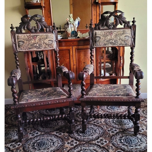 230 - AN EXCEPTIONAL PAIR OF HAND OAK LOUIS XIII STYLE CARVED ARM CHAIRS, circa 1880, with carved leaf & t... 