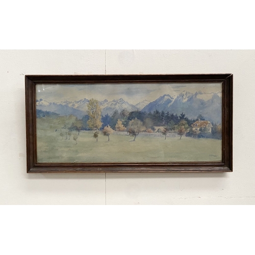 243 - A FRAMED WATERCOLOUR & PHOTOGRAPH (1) F.M. POPE (European, 20th Century), ‘MOUNTAIN LANDSCAPE WITH C... 