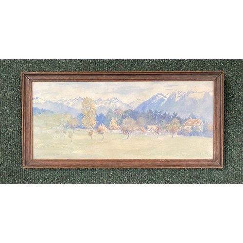 243 - A FRAMED WATERCOLOUR & PHOTOGRAPH (1) F.M. POPE (European, 20th Century), ‘MOUNTAIN LANDSCAPE WITH C... 