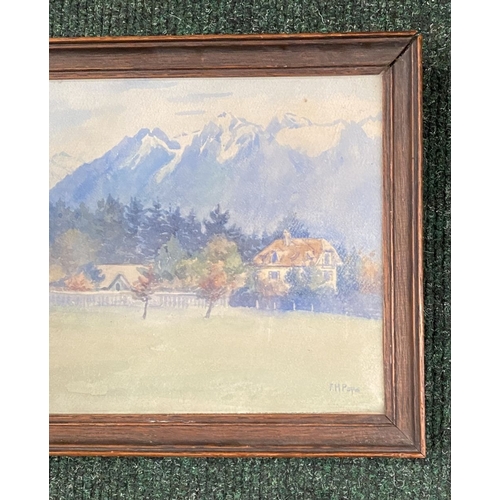 243 - A FRAMED WATERCOLOUR & PHOTOGRAPH (1) F.M. POPE (European, 20th Century), ‘MOUNTAIN LANDSCAPE WITH C... 