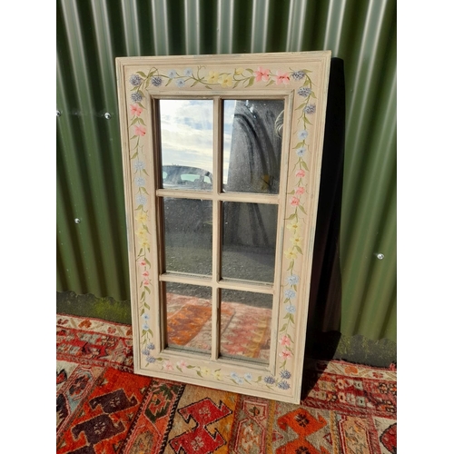 253 - A DECORATIVE HAND PAINTED SIX PANEL MIRROR, with floral border. Dimensions: 88cm high x 49cm wide ap... 