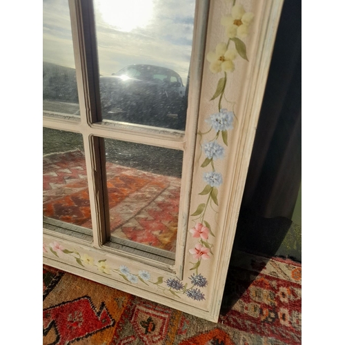 253 - A DECORATIVE HAND PAINTED SIX PANEL MIRROR, with floral border. Dimensions: 88cm high x 49cm wide ap... 