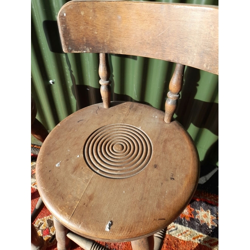 257 - A PAIR OF ANTIQUE FRENCH HARDWOOD CHILDREN'S STOOLS, backrests are raised on two carved spindles, th... 