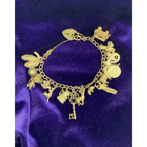 26 - A BEAUTIFUL 9CT YELLOW GOLD CHARM BRACELET, the chain is 9ct gold marked 375, with a wonderful array... 