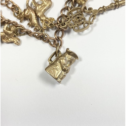 26 - A BEAUTIFUL 9CT YELLOW GOLD CHARM BRACELET, the chain is 9ct gold marked 375, with a wonderful array... 