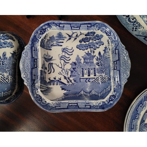 272 - A SELECTION OF WEDGEWOOD BLUE & WHITE WILLOW-WARE, along with a large blue & white willow-ware meat ... 