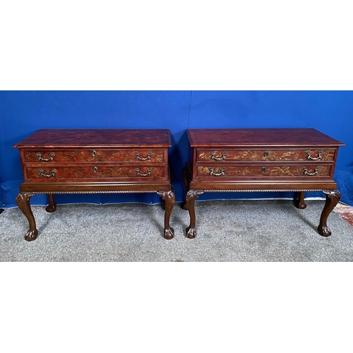 277 - A PAIR OF CHIPPENDALE STYLE CHINOISERIE DECORATED LOW RISE TWO DRAWER CHESTS, decorated with a mottl... 