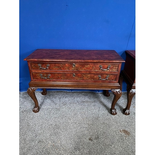 277 - A PAIR OF CHIPPENDALE STYLE CHINOISERIE DECORATED LOW RISE TWO DRAWER CHESTS, decorated with a mottl... 