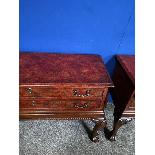 277 - A PAIR OF CHIPPENDALE STYLE CHINOISERIE DECORATED LOW RISE TWO DRAWER CHESTS, decorated with a mottl... 