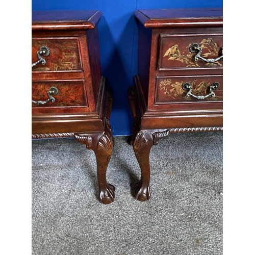 277 - A PAIR OF CHIPPENDALE STYLE CHINOISERIE DECORATED LOW RISE TWO DRAWER CHESTS, decorated with a mottl... 