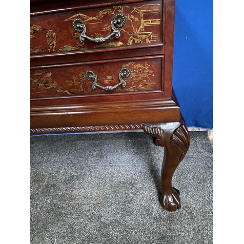 277 - A PAIR OF CHIPPENDALE STYLE CHINOISERIE DECORATED LOW RISE TWO DRAWER CHESTS, decorated with a mottl... 