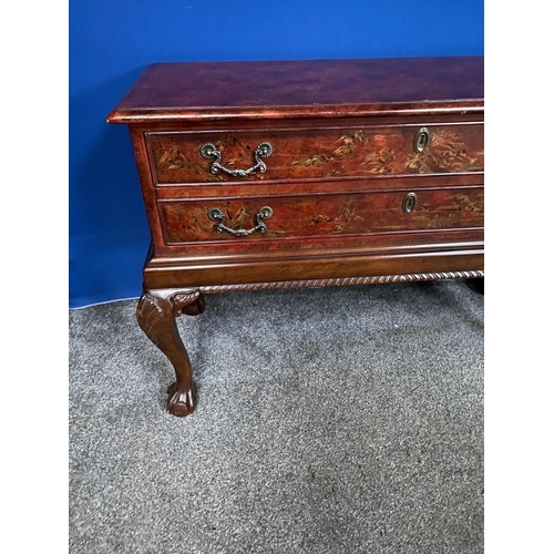 277 - A PAIR OF CHIPPENDALE STYLE CHINOISERIE DECORATED LOW RISE TWO DRAWER CHESTS, decorated with a mottl... 